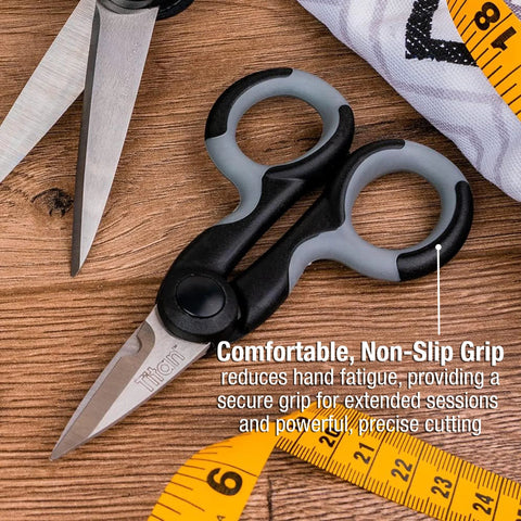 Heavy Duty 5.5 Inch Stainless Steel Scissors With Power Notch For Precision Cutting, comfortable grip shown on wooden table.