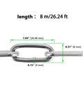 Close-up of 5/32 Inch 26 Ft Heavy Duty Stainless Steel Chain, Rustproof Swing Chain for Pulling, Towing, Anchoring, with measurements.