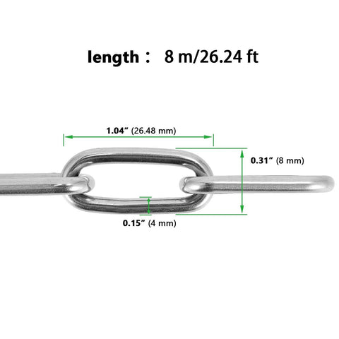 Close-up of 5/32 Inch 26 Ft Heavy Duty Stainless Steel Chain, Rustproof Swing Chain for Pulling, Towing, Anchoring, with measurements.