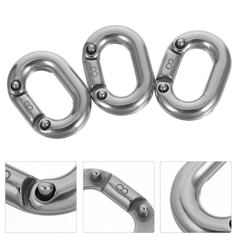 Front view: three 8mm stainless steel quick-link chain connectors for marine boat anchor repair.