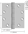 Heavy Duty 304 Stainless Steel Door Hinges Four And One Half Inch By Four Inch Ball Bearing Full Mortise Square Corner Two Pack shown with dimensions