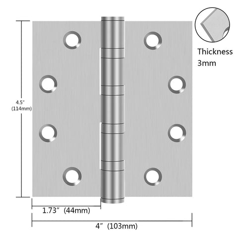 Heavy Duty 304 Stainless Steel Door Hinges Four And One Half Inch By Four Inch Ball Bearing Full Mortise Square Corner Two Pack shown with dimensions
