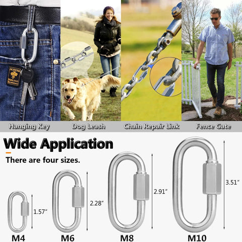 Heavy Duty Quick Link 304 Stainless Steel D Shape Locking Carabiner for outdoor gear, shown in various uses and sizes, M4 M6 M8 M10.