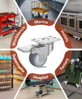2 Inch Heavy Duty Stainless Steel Caster Wheels With Brake Swivel Set Of 4, 1000 Lbs Total Load, shown in various applications