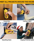 Heavy Duty 4 In 1 Upholstery Staple Gun With 4000 Staples And 1000 Pins in use for carpentry and crafts projects.