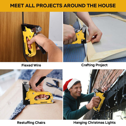 Heavy Duty 4 In 1 Upholstery Staple Gun With 4000 Staples And 1000 Pins in use for carpentry and crafts projects.