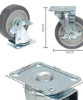 Heavy Duty 5 Inch Caster Wheels Set Of Four Non Marking Premium Commercial Grade With Two Rigid And Two Swivel Brakes, Polyurethane On Steel Construction, 6.3 Inch Height, 267 Lbs Load Per Caster, Thick Steel Frame For Industrial Carts shown with dimensions and swivel brake