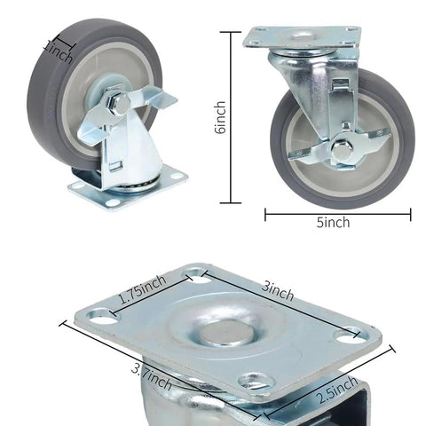 Heavy Duty 5 Inch Caster Wheels Set Of Four Non Marking Premium Commercial Grade With Two Rigid And Two Swivel Brakes, Polyurethane On Steel Construction, 6.3 Inch Height, 267 Lbs Load Per Caster, Thick Steel Frame For Industrial Carts shown with dimensions and swivel brake