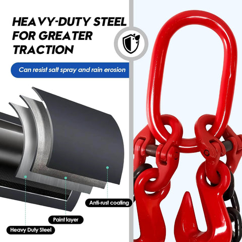 Heavy-duty steel of the Shipping Container Loading Chain (1/2" x 5'), Container Chain Bridle Hooks G80 with V-Chain, rust-resistant features