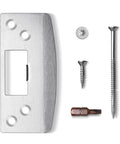 Heavy duty oversized door strike plate with 2mm hardened steel and an enlarged strike hole shown with screws and bit