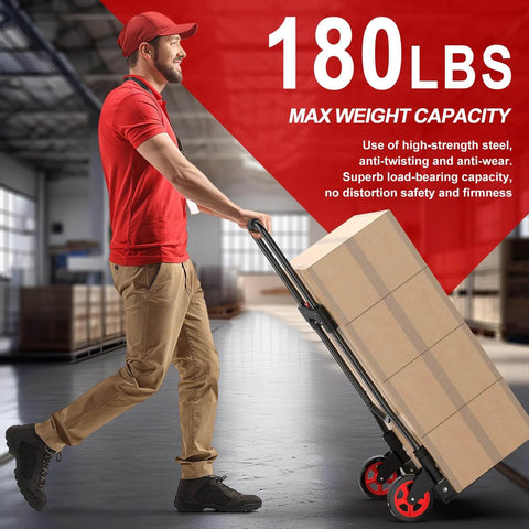 Man using ✝️ Heavy-Duty Steel Folding Hand Truck, 180LB Capacity Dolly cart with Telescoping Handle in warehouse loaded with boxes.