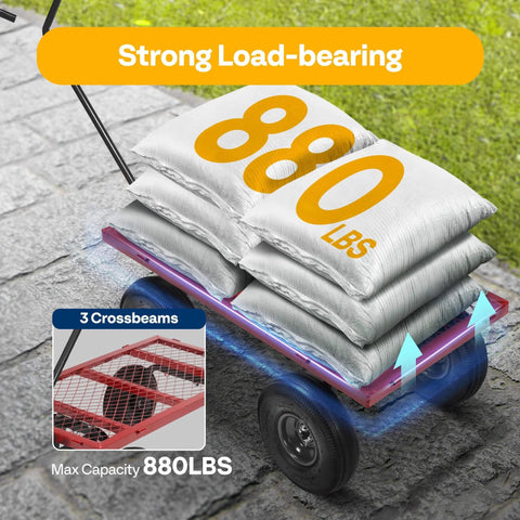 Heavy Duty Mesh Steel Garden Cart Folding Utility Wagon with 880 Lb Capacity loaded with bags, showcasing strong load-bearing capacity.