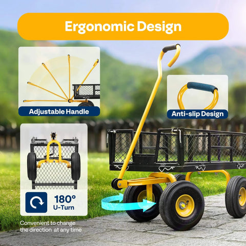 Heavy Duty Mesh Steel Garden Cart with 880 lb capacity folding utility wagon, ergonomic adjustable handle and anti-slip design.