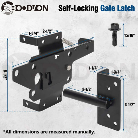 Self Locking Gate Latch For Wooden Fence Heavy Duty Post Mount Automatic Gate Lock Gravity Door Latch with dimensions shown