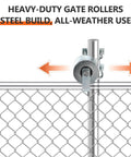 Sliding Gate Rollers In Steel Construction For Two Inch Gate Frames And One And Five Eighth Inch Track Pipe With Double U Bolt Pack Of Two Engineered For Smooth Reliable Gate Operation shown installed on gate with arrows for movement.