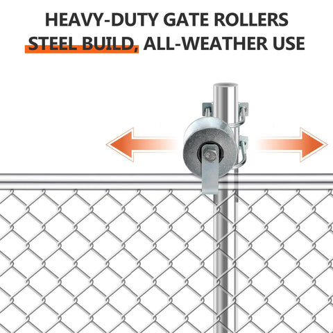 Sliding Gate Rollers In Steel Construction For Two Inch Gate Frames And One And Five Eighth Inch Track Pipe With Double U Bolt Pack Of Two Engineered For Smooth Reliable Gate Operation shown installed on gate with arrows for movement.