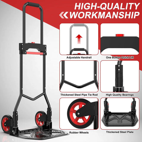 Heavy-Duty Steel Folding Hand Truck, 180LB Capacity Dolly cart with Telescoping Handle, industrial utility cart details