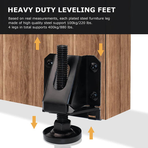Heavy Duty Adjustable Leveling Feet For Furniture 16 Pcs Steel Hex Nut Lock Levelers installed on wood cabinet