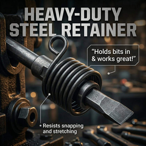 Spring Retainer For Air Hammer Chisel Gun Three Eighths Inch Replacement Part For Attachments And Bits Durable Steel Construction For Pneumatic Tools Quick Release Chuck Compatible Universal Fit showing heavy-duty steel design in use, labeled with features.