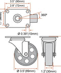 Technical diagram of 4 Pack Heavy Duty Large Steel Swivel Caster Wheels 3.5 Inch showing dimensions and 360-degree rotation