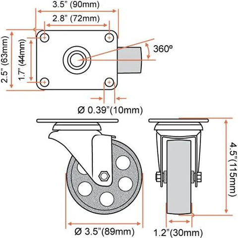 Technical diagram of 4 Pack Heavy Duty Large Steel Swivel Caster Wheels 3.5 Inch showing dimensions and 360-degree rotation