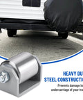 Heavy duty steel construction 2" weld on trailer roller skid wheel for RV trailers, shown preventing undercarriage damage.
