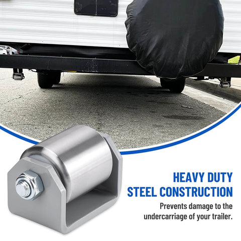 Heavy duty steel construction 2" weld on trailer roller skid wheel for RV trailers, shown preventing undercarriage damage.