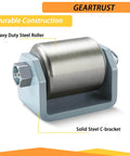 Close-up of durable heavy duty steel trailer skid wheel with solid steel C-bracket, designed for RV trailers and motorhomes.