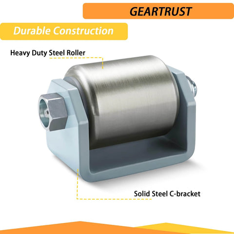 Close-up of durable heavy duty steel trailer skid wheel with solid steel C-bracket, designed for RV trailers and motorhomes.