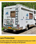 Rear view of RV with trailer rollers, heavy duty steel skid wheel attached for smooth motion and stability in automation systems.