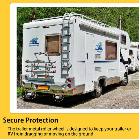 Rear view of RV with trailer rollers, heavy duty steel skid wheel attached for smooth motion and stability in automation systems.