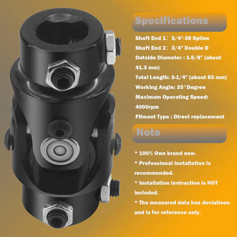 Beefed Up Heavy Duty Steering Shaft Universal U Joint Coupler For Automotive, 83mm Black 40Cr Steel, 3/4 Inch DD to 3/4 Inch DD