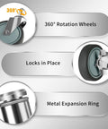 Close-up image showing 5 Inch Stem Casters For Wire Shelving Heavy Duty Swivel Wheels With Brakes Set Of 4, featuring a 360° rotation wheel, lock, and metal expansion ring.