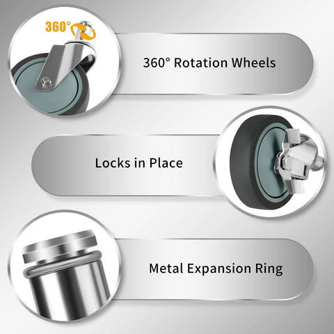Close-up image showing 5 Inch Stem Casters For Wire Shelving Heavy Duty Swivel Wheels With Brakes Set Of 4, featuring a 360° rotation wheel, lock, and metal expansion ring.