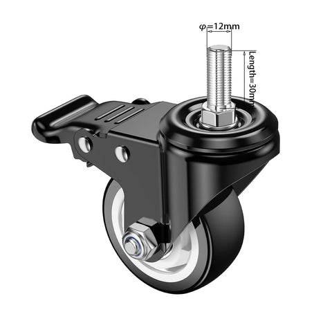 3 Inch Stem Casters With M12 Thread, 12mm Diameter By 30mm Length, Heavy Duty Locking Swivel Caster Wheels, 360 Degree Rotation