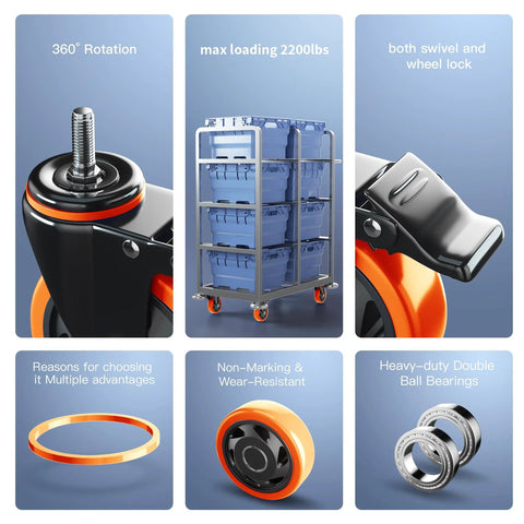 4 Inch Heavy Duty Stem Caster Wheels Set Of 4 With Dual Locking Brakes For Cart And Furniture, 2000 Lb Total Capacity, Threaded Stem Half Inch 13 By 1, Swivel Industrial Casters With Steel Housing Ball Bearings Electrophoresis Plated shown in various views highlighting features.