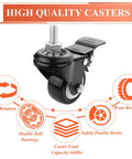 Close-up of a heavy duty swivel caster with brake showing a 2-inch wheel, part of a four-pack set, holding 110 lbs per wheel for shopping carts.
