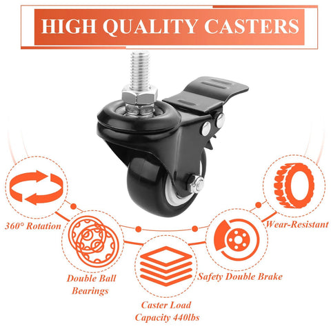 Close-up of a heavy duty swivel caster with brake showing a 2-inch wheel, part of a four-pack set, holding 110 lbs per wheel for shopping carts.