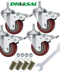 Three Inch Heavy Duty Stem Casters 360 Degree Swivel Durable PVC Wheels With Three Eighths Inch By Sixteen Threads Per Inch One Inch Length Dual Safety Locks And Bearings Easy To Install For Furniture And DIY Tools shown with wrench and hardware