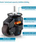 Heavy Duty Stem Leveling Casters Set For Industrial Machines And Furniture, close-up of retractable wheel, aluminum steel frame, Skelang