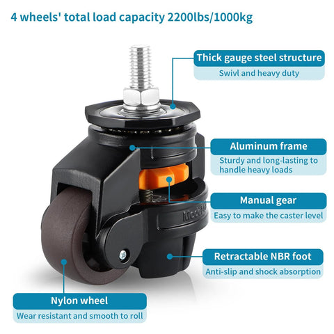Heavy Duty Stem Leveling Casters Set For Industrial Machines And Furniture, close-up of retractable wheel, aluminum steel frame, Skelang