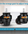 Heavy Duty Stem Leveling Casters Set For Industrial Machines And Furniture showing orange gear for height adjustment, two retractable wheels.