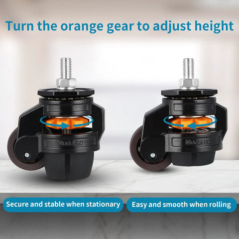 Heavy Duty Stem Leveling Casters Set For Industrial Machines And Furniture showing orange gear for height adjustment, two retractable wheels.