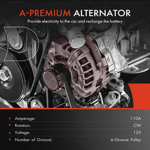 Drop-In Heavy Duty Alternator Replacement For Subaru Outback And Legacy 2010 2011 2012 2.5L, 12V 110A With Six Groove Pulley, Clockwise Rotation, Plug And Play Fit, Compatible With A003TG6191 And A003TG6191ZC, Reference Numbers 11409N 11409 2104309 installed in engine bay