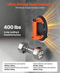 8-Inch Heavy-Duty Vacuum Suction Cup Lifter with ABS Handle demonstrating 400 lb lift capacity on wall with dumbbell weight