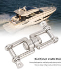 Close-up of stainless steel double-ended swivel shackle, 10mm, marine boat hardware with locking mechanism
