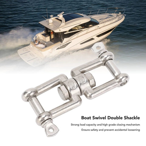Close-up of stainless steel double-ended swivel shackle, 10mm, marine boat hardware with locking mechanism