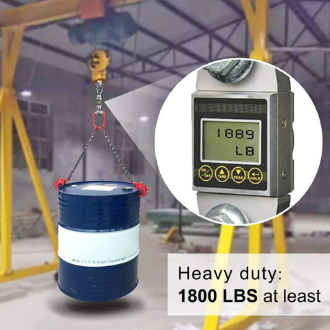 Drum suspended with Heavy Duty Swing Hangers Stainless Steel 2 Pack 1800 Lb Capacity Indoor Outdoor, showing weight reading of 1889 lbs