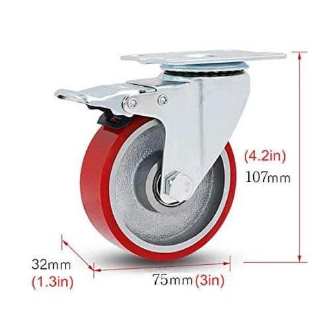 Heavy Duty Swivel Caster Wheels Set of 4 with Brake, 75mm PU Plate Castors, iron core, red polyurethane tire, side view with measurements