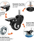 2 Inch Heavy Duty Swivel Stem Casters Set Of 4 With Double Locking Brakes, 600 Lb Capacity, 3/8-16x1 Threaded Stem, Black